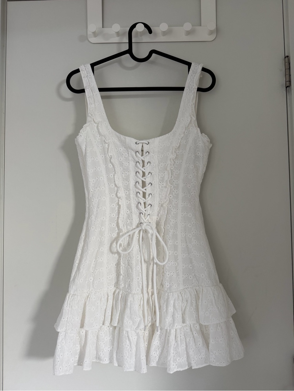 GUIZIO White Eyelet Lace-Up Ruffle Mini Dress - Picture 3 of 9